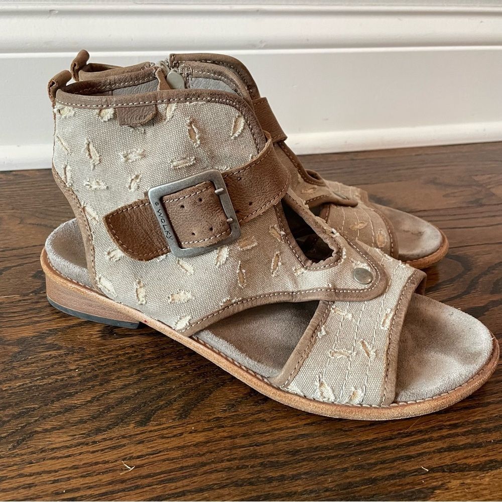 WOLKY Dayton Gray Canvas & Tan Leather Buckle Sandals